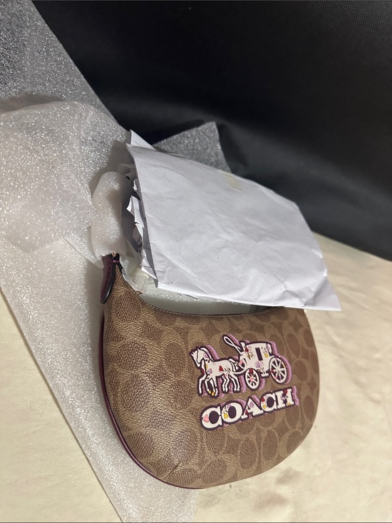 Coach Handbags - Coach Brown Signature Crescent Mini Peyton Black/Cherry accent